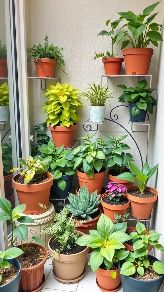 A small balcony garden filled with various potted plants arranged on shelves and the floor.