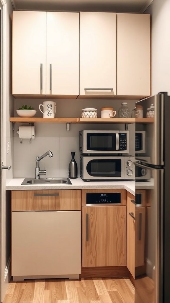 Compact kitchen with modern appliances and organized storage.