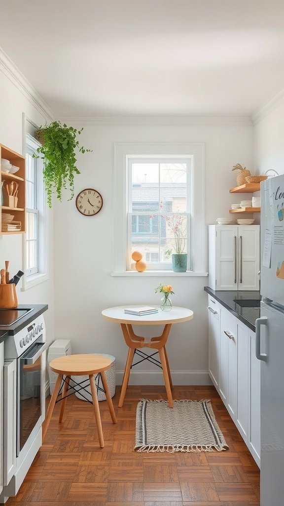 Cozy kitchen nook with a round table, two stools, and a hanging plant