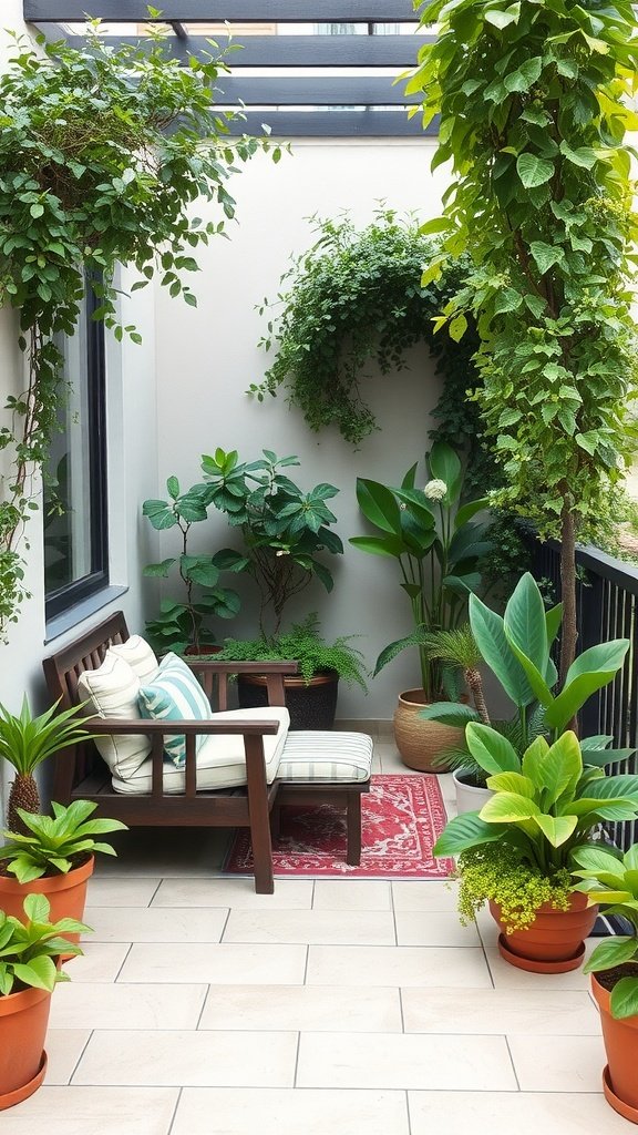 Small balcony garden with cozy seating area and potted plants.