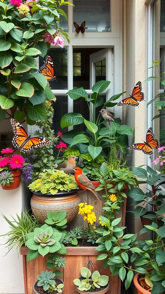 A vibrant balcony garden featuring various plants, bright flowers, and birds, with butterflies fluttering in the scene.