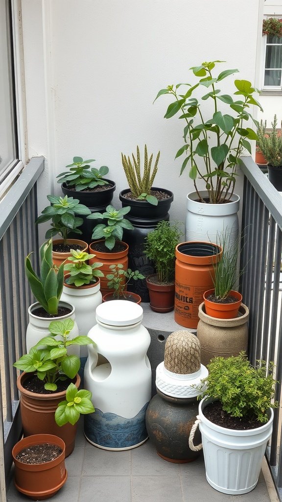 A variety of potted plants on a small balcony, showcasing creative container gardening.