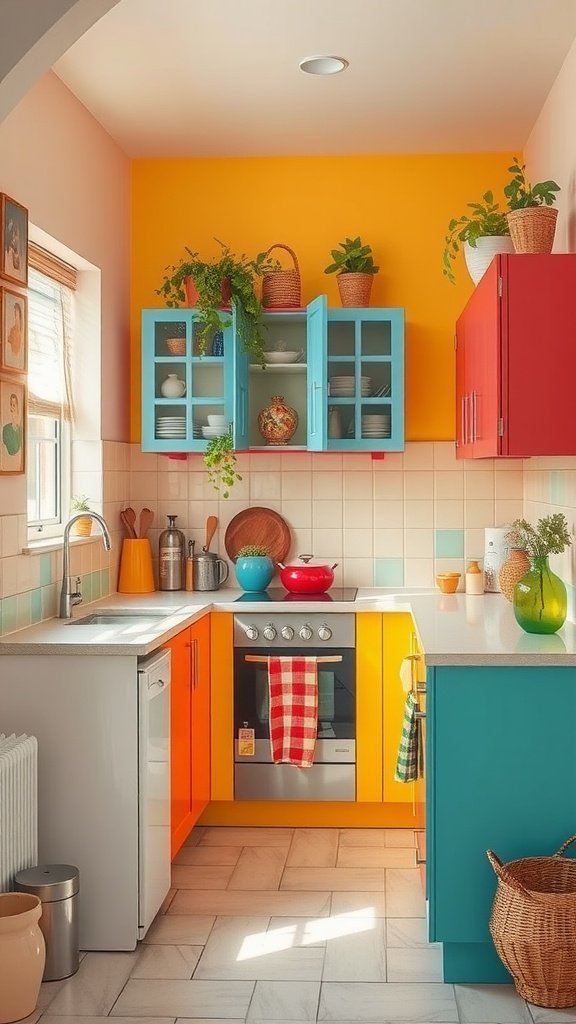 Colorful small kitchen with blue, orange, and red cabinets and green plants