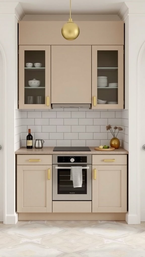 A small kitchen featuring custom cabinetry, a light color palette, and golden handles.
