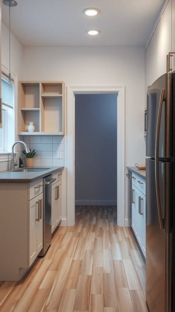 A small, functional kitchen with open shelves, a fridge, and a clear entry point