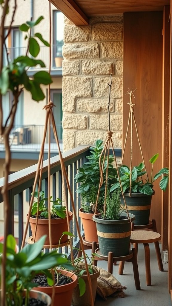 A small balcony garden with hanging plants and decorative wooden plant supports