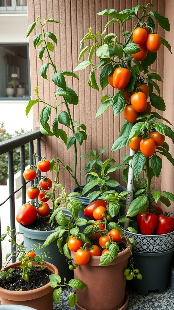 A small balcony garden featuring vibrant tomato plants in pots.