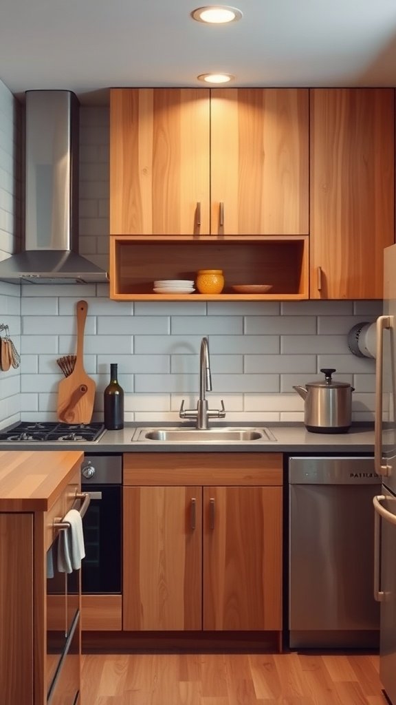 A small kitchen with wooden cabinets and a compact layout featuring a sink, stove, and open shelving.