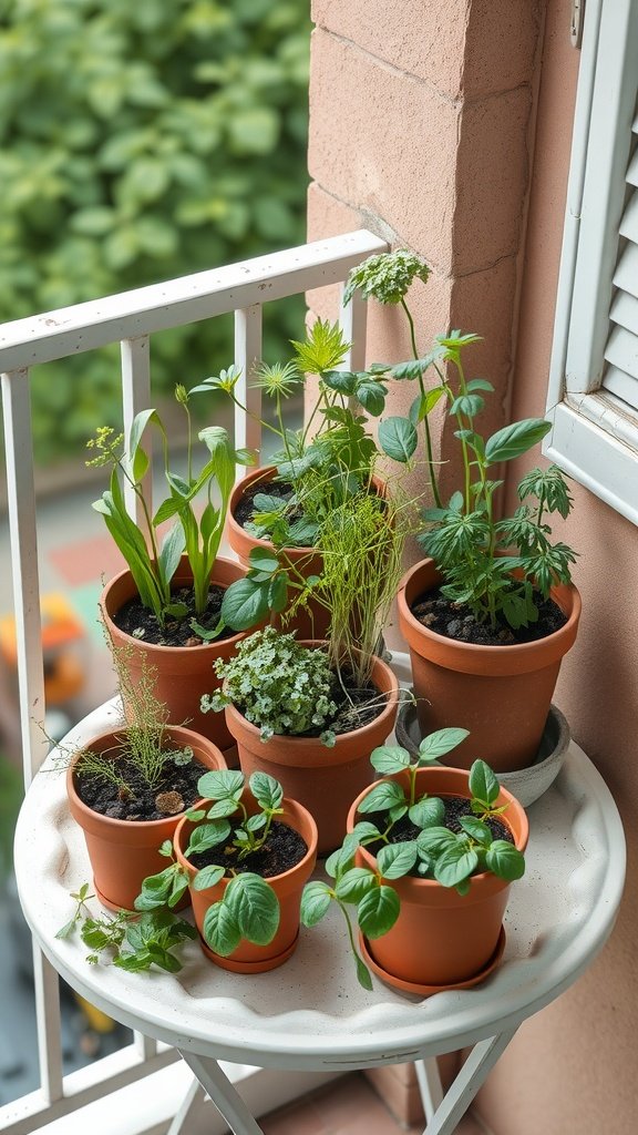 A small balcony garden showcasing various herbs in terracotta pots on a round table.