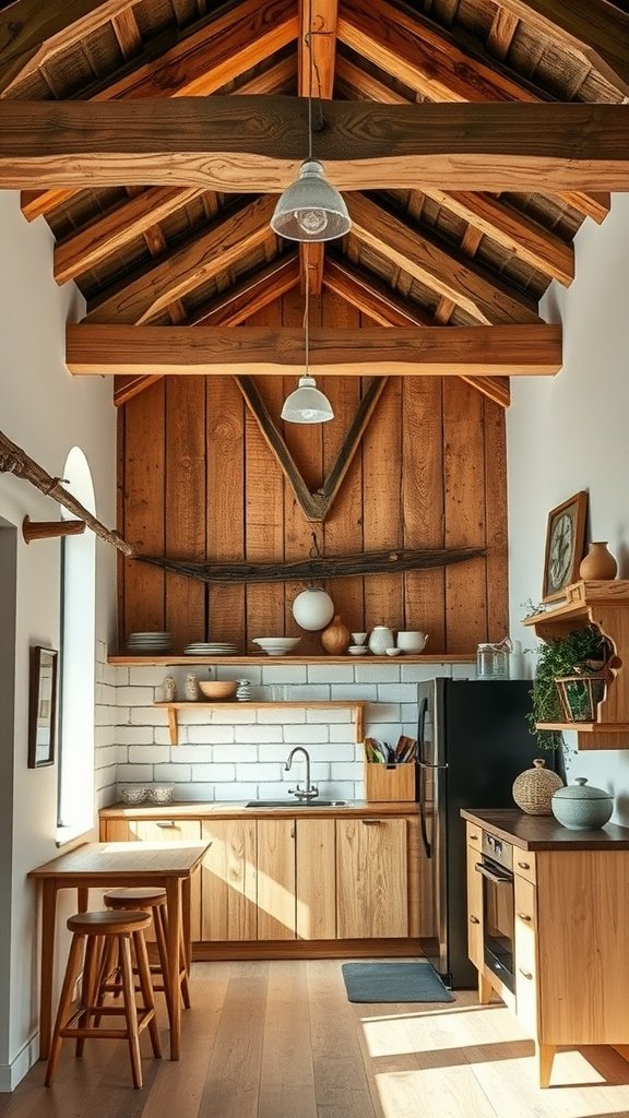 Small kitchen with wooden beams, open shelving, and a cozy atmosphere