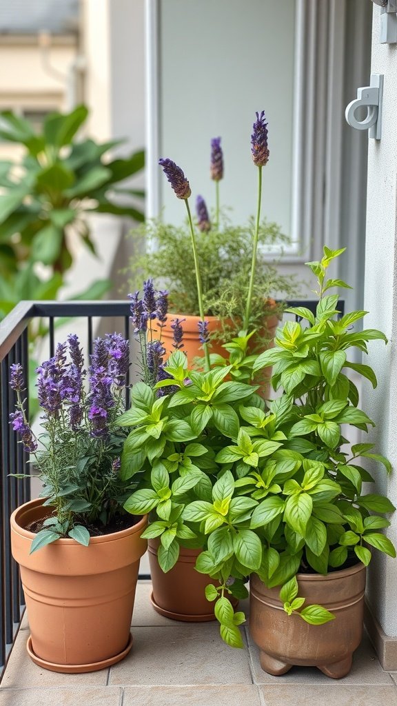 A small balcony garden with lavender and basil plants in terracotta pots.