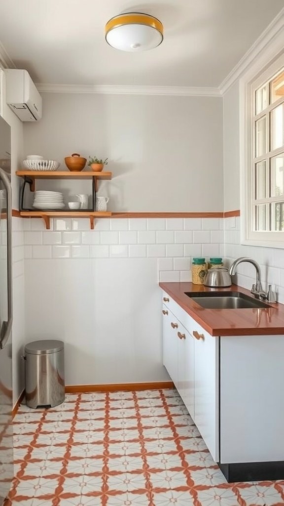 A small kitchen featuring vibrant patterned tile flooring, white tiled walls, and wooden open shelving.