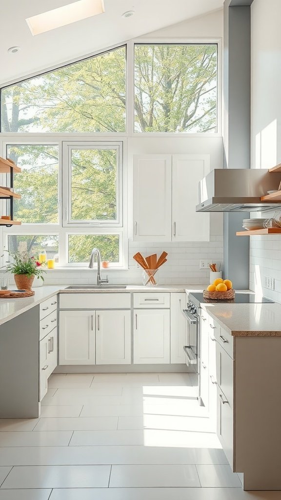 A bright small kitchen with large windows letting in natural light, featuring modern cabinetry and a clean design.