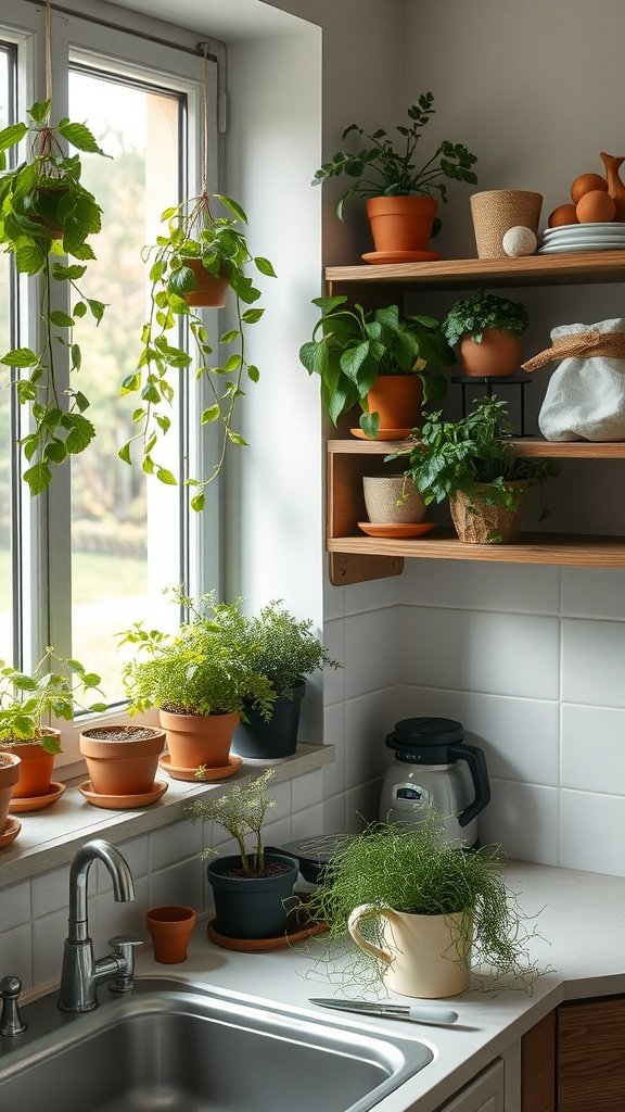 A small kitchen with various potted plants on the windowsill and shelves, creating a fresh and lively atmosphere.