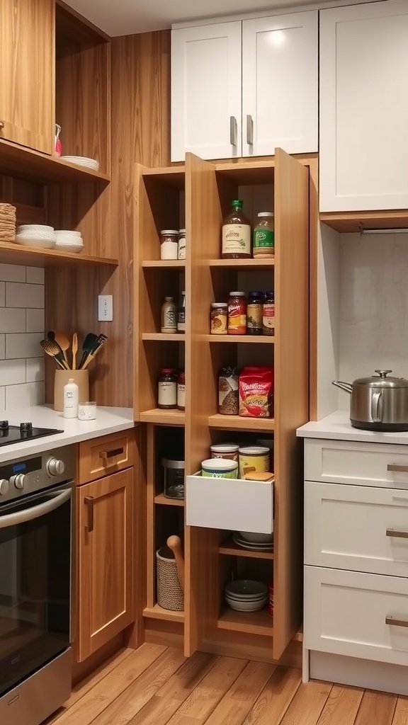Interior view of a small kitchen featuring a pull-out pantry with various food items and jars organized on shelves.
