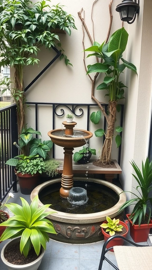 A small balcony garden with a decorative fountain surrounded by potted plants.