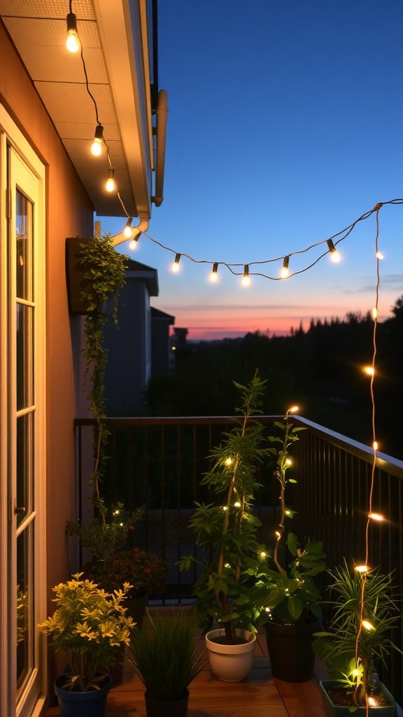 Small balcony garden with string lights shining in the evening sky