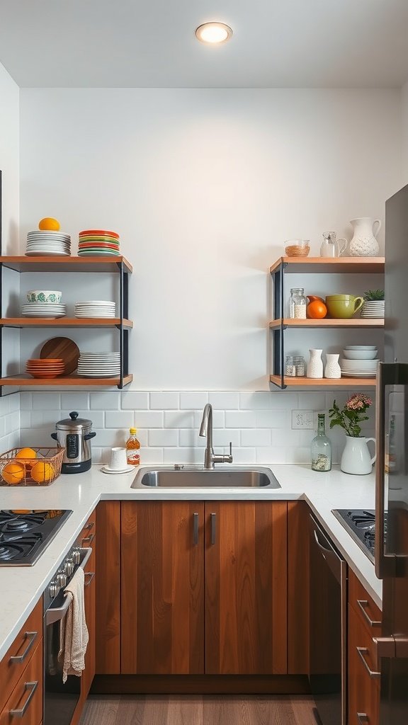 A small kitchen with wooden shelves displaying colorful dishes and jars, showcasing vertical space maximization.