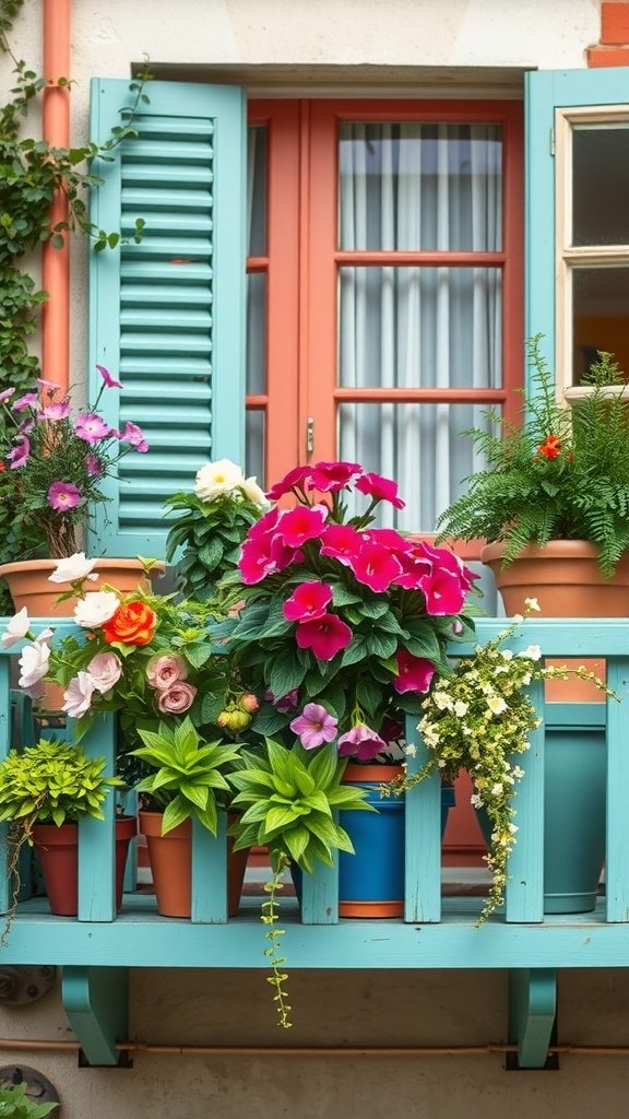 A charming small balcony garden filled with vibrant flowers and lush foliage
