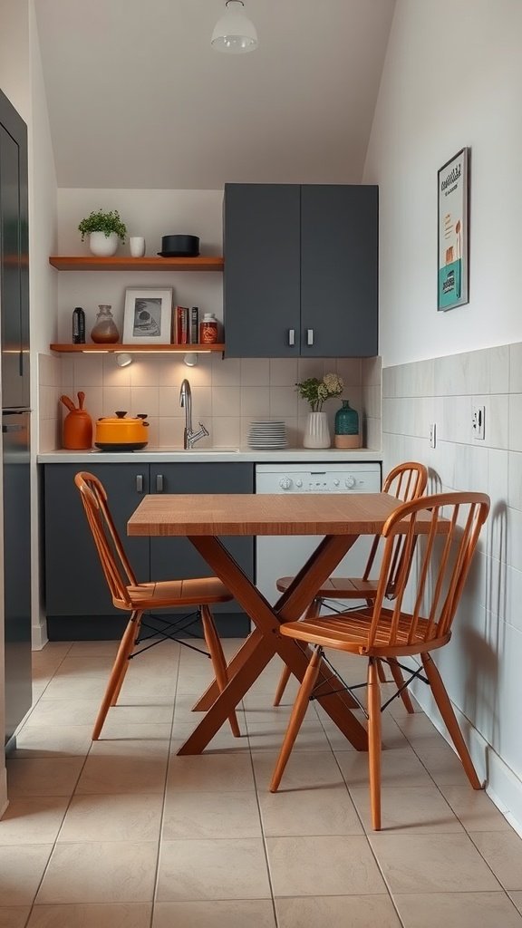A small kitchen with a wooden table and chairs, showcasing multi-functional furniture.