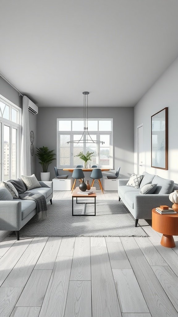 A stylish open concept living room with grey sofas, a wooden coffee table, and a modern chandelier.
