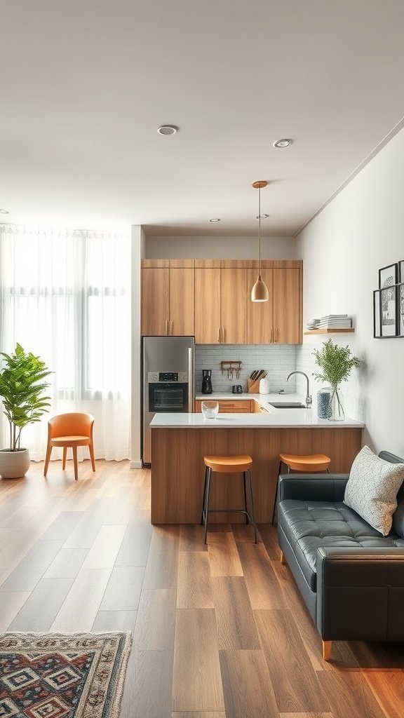 Stylish small kitchen with an open floor plan featuring wooden cabinets, a kitchen island, and a cozy living area.