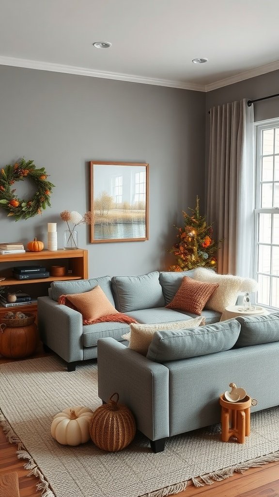 A cozy grey living room decorated with autumn elements, including a wreath, pumpkins, and seasonal textiles.