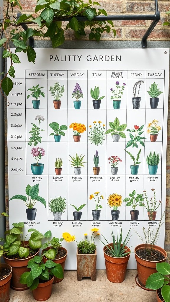 A planting schedule chart with various potted plants arranged in a grid format.