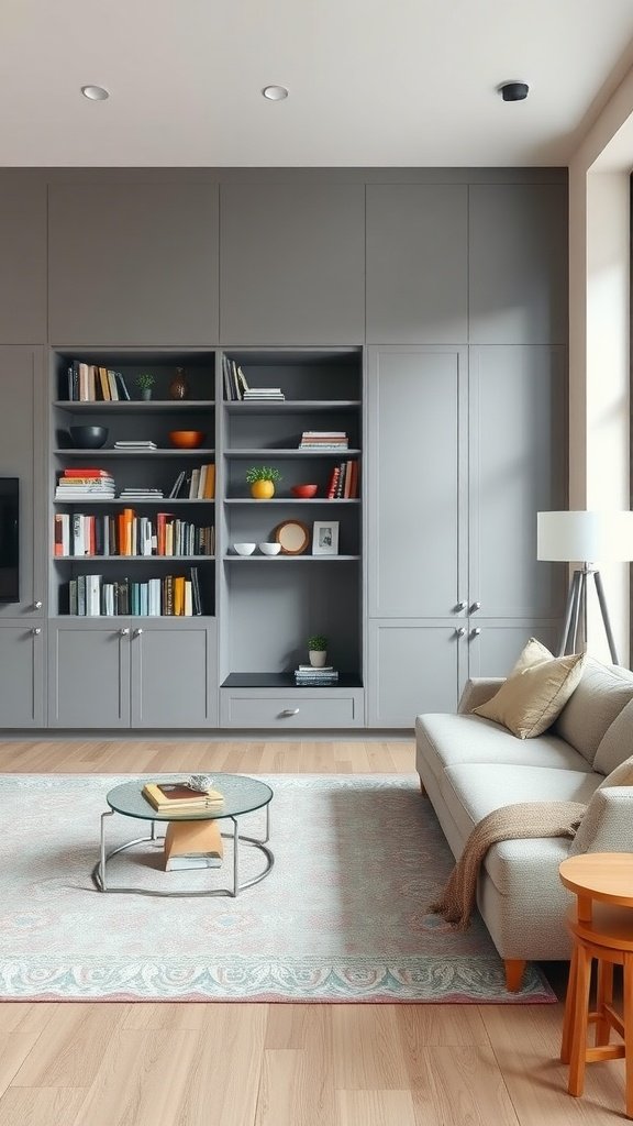 A contemporary grey living room featuring a stylish storage unit, a sofa, and a round glass coffee table.