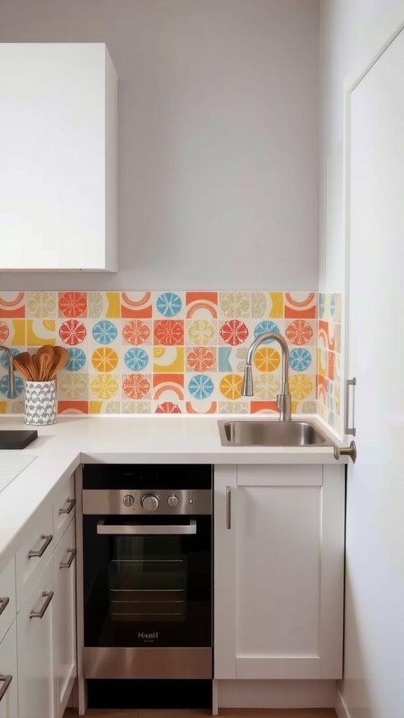 A small kitchen featuring a colorful tile backsplash with circular patterns.