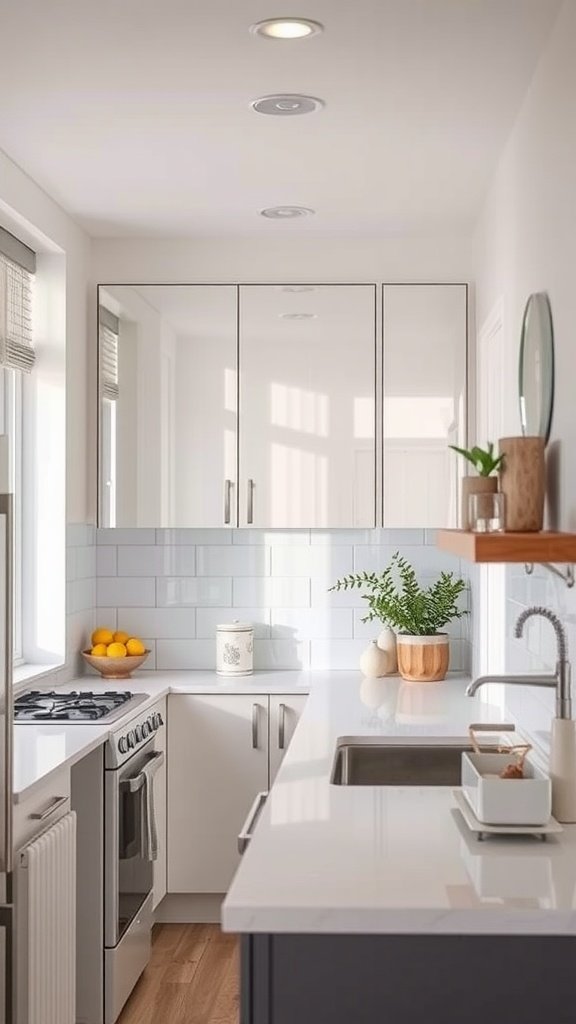 Small kitchen featuring a sleek design with mirrors and natural light.