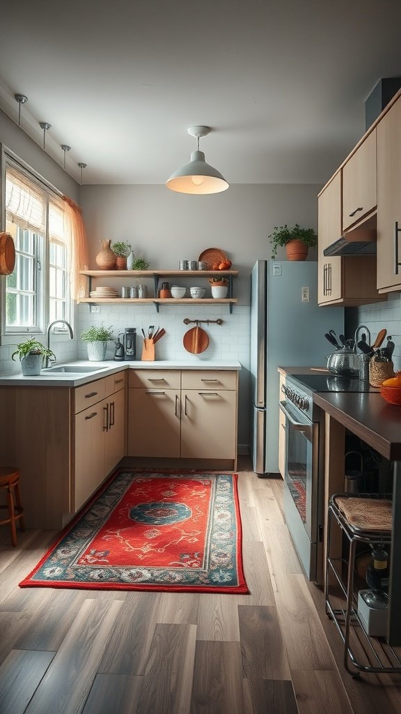 A cozy small kitchen with wooden cabinetry, bright decor, and a vibrant red rug on the floor.