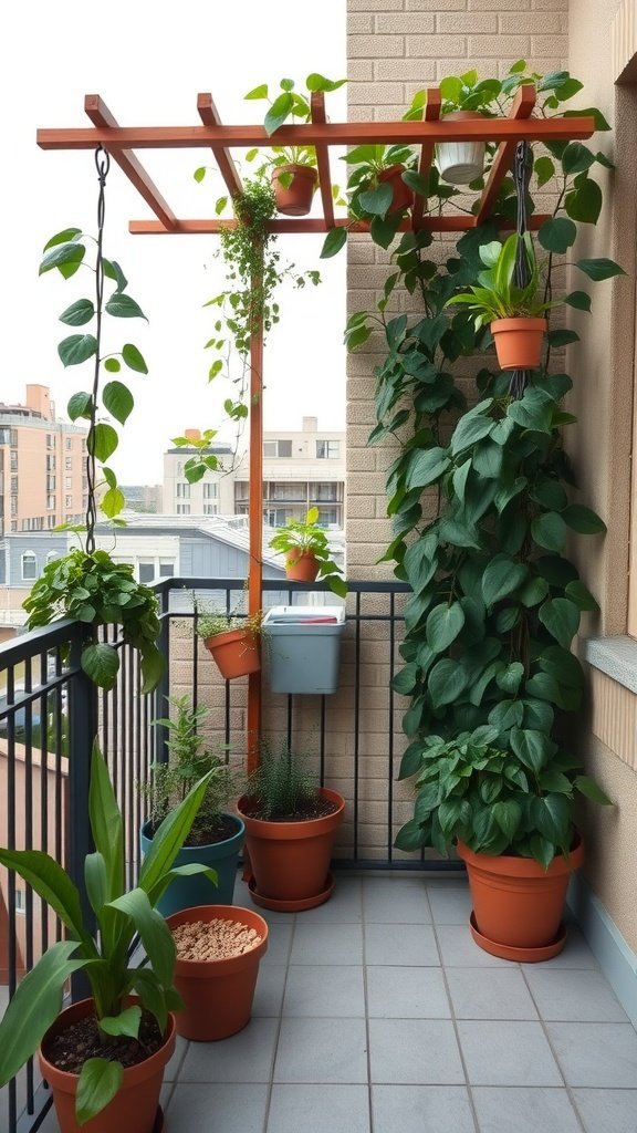 A small balcony garden featuring a wooden trellis with climbing plants and various potted plants.