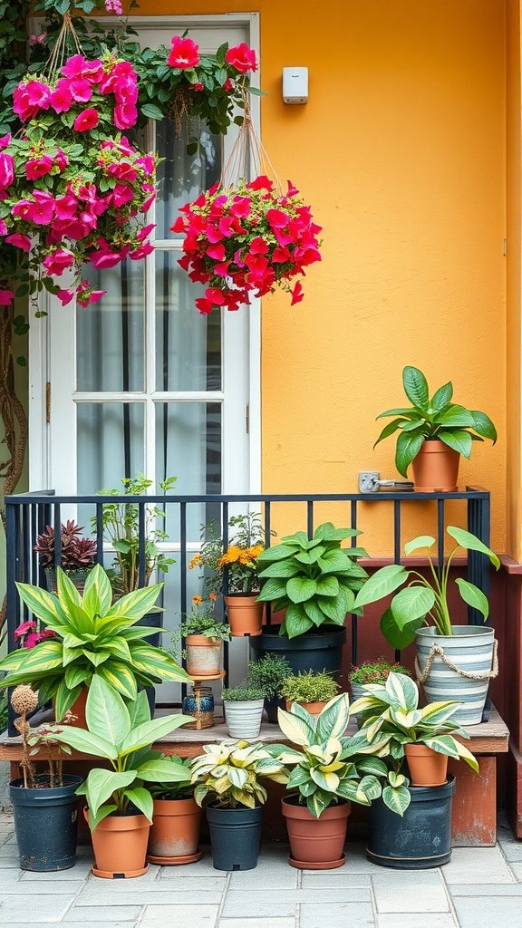 A small balcony garden with colorful flowers and various green plants against an orange wall.