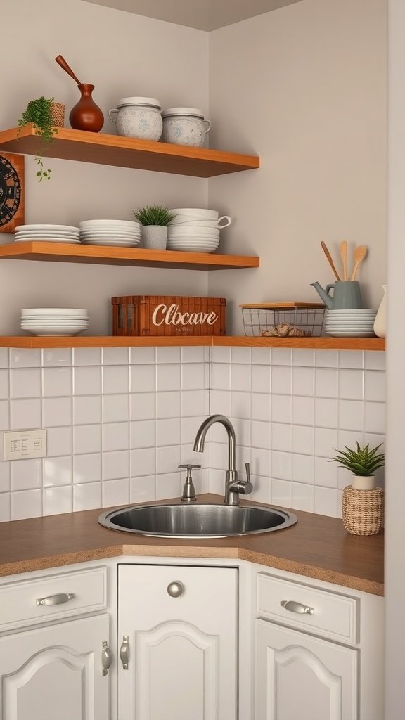 Corner kitchen with open shelves, sink, and decorative items.