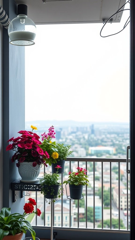 A small balcony with colorful flowers in pots displayed on the railing, showcasing a vibrant garden view.