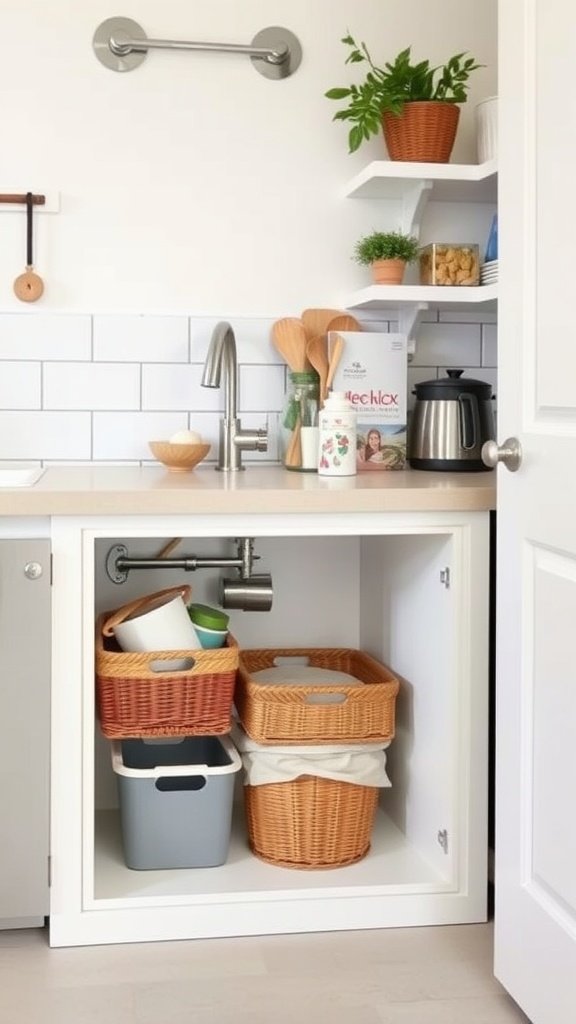 Organized under-sink storage with baskets and a clean layout