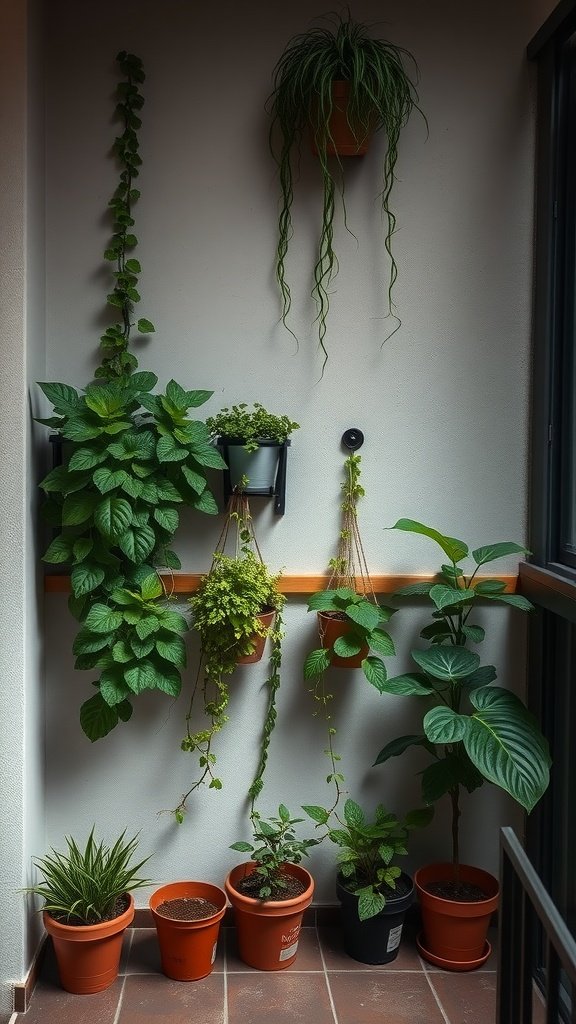 A vertical garden on a small balcony showcasing various potted plants arranged on the wall and floor.