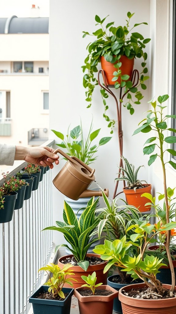 A person watering plants on a small balcony, showcasing various potted plants.