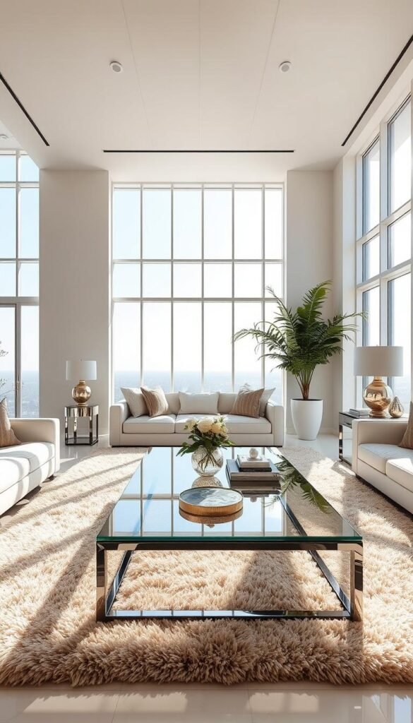 A bright, airy living room with natural light streaming through expansive windows. Smooth, reflective surfaces like a glass coffee table and mirrored side tables create a sense of depth and luminosity. The room is decorated with sleek, modern furniture in neutral tones, allowing the light to bounce and dance across the surfaces. Plush, textured rugs and lush greenery add warmth and softness to the space. The overall atmosphere is one of sophistication and tranquility, where the interplay of light and reflective elements creates a luxurious, yet serene ambiance.
