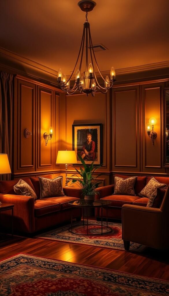 A cozy, intimate living space bathed in warm, ambient lighting. Soft, diffused beams emanate from strategically placed table lamps and wall sconces, casting a golden glow across plush velvet furnishings. A striking, modern chandelier hovers overhead, its sculptural silhouette reflected in the polished hardwood floors. Decorative accents like textured throw pillows, a lush indoor plant, and a richly patterned rug add depth and visual interest. The overall effect is one of refined elegance and inviting comfort, creating an atmosphere that feels both luxurious and homely.
