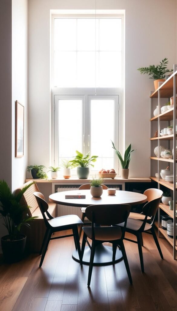 A cozy, sun-drenched dining nook in a minimalist loft. A round wooden table with mid-century modern chairs sits underneath a large window, casting warm natural light across the space. Streamlined shelving units line the walls, displaying potted plants, ceramics, and other artful decor. The overall aesthetic is one of refined simplicity, where every element serves a purpose and contributes to the sense of calm and functionality. The mood is serene, inviting, and subtly luxurious, perfect for intimate meals or relaxed gatherings.