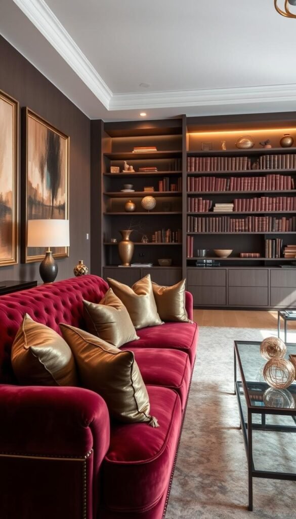 A lavish living room showcasing a harmonious blend of luxurious textiles and exquisite art decor. In the foreground, an ornate velvet sofa in a rich burgundy hue, accented by plush throw pillows in shimmering metallic tones. On the walls, framed abstract canvases in muted earth tones and bold brushstrokes, casting a warm glow under the soft, diffused lighting. In the middle ground, a sleek, modern coffee table with a glass top, reflecting the surrounding textures and colors. The background features a towering bookshelf filled with leather-bound volumes, complemented by decorative vases and sculptures in burnished metals. The overall atmosphere is one of refined sophistication and elevated style, creating a visually striking and inviting space.