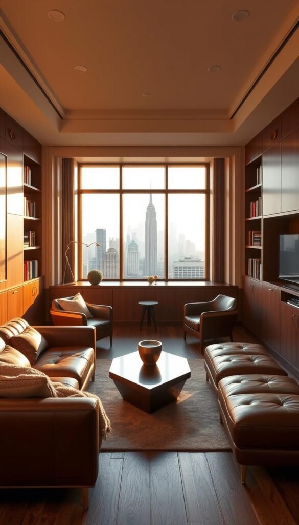 A luxurious compact space design, bathed in warm golden light from a large window. In the foreground, a sleek, minimalist sofa in rich leather, accented by plush pillows and a soft woolen throw. A low, sculptural coffee table made of polished wood and brass occupies the center, complemented by a pair of modern, angular armchairs. In the middle ground, built-in bookshelves line the walls, their contents casting intriguing shadows. The background features a stunning city skyline, visible through the large window, creating a sense of urban sophistication. The overall atmosphere is one of refined elegance and carefully curated luxury, radiating a welcoming ambiance in the compact space.