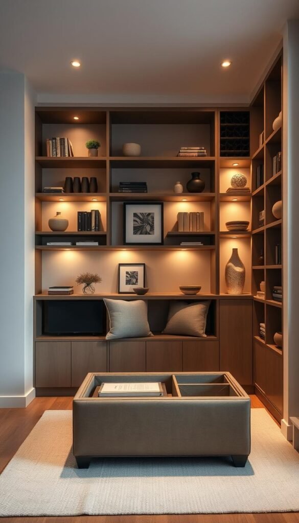 A meticulously organized small living space, bathed in soft, warm lighting. Sleek, minimalist built-in shelving units line the walls, showcasing a curated collection of decorative objects, books, and storage containers in earthy tones. Subtle recessed lighting highlights the shelves, creating a cozy, inviting atmosphere. In the foreground, a low-profile storage ottoman doubles as a coffee table, its lid open to reveal hidden compartments for additional storage. The overall scene conveys a sense of effortless sophistication and efficient use of limited square footage.