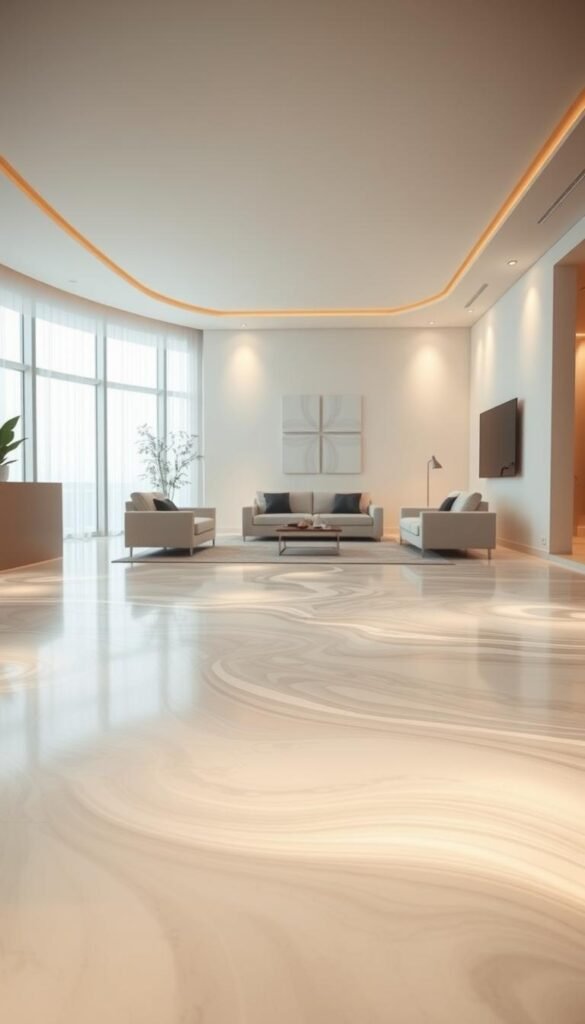 A softly lit, luxurious interior showcasing a flowing, seamless flooring design. In the foreground, a mesmerizing light paint pattern cascades across the floor, creating an illusion of movement and depth. The middle ground features a minimalist, modern furniture arrangement that complements the dynamic flooring. In the background, subtle ambient lighting filters through large windows, bathing the space in a warm, inviting glow. The overall atmosphere evokes a sense of tranquility and refined elegance, perfectly capturing the essence of making small spaces feel luxurious.
