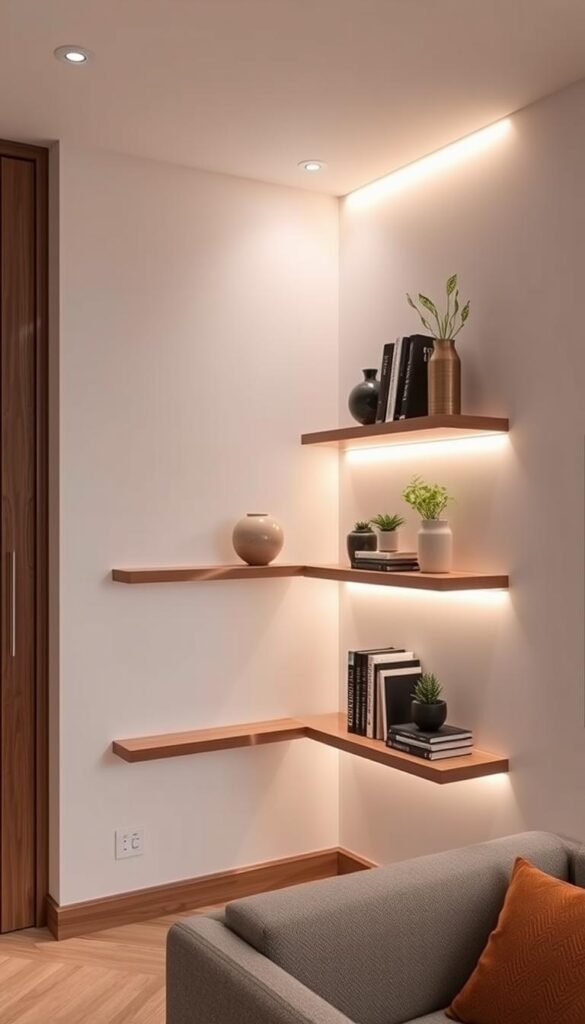 An elegant and innovative corner design solution with a luxurious minimalist aesthetic. A streamlined floating corner shelving unit made of glossy wood and glass, integrated seamlessly into the wall. Soft, natural lighting from a concealed LED strip casts a warm glow, accentuating the clean lines and thoughtful details. The shelves display a curated collection of decorative objects, plants, and books, creating a visually striking focal point that maximizes the use of the often-neglected corner space. The overall effect is one of sophistication, functionality, and the illusion of expanded square footage in a small living area.
