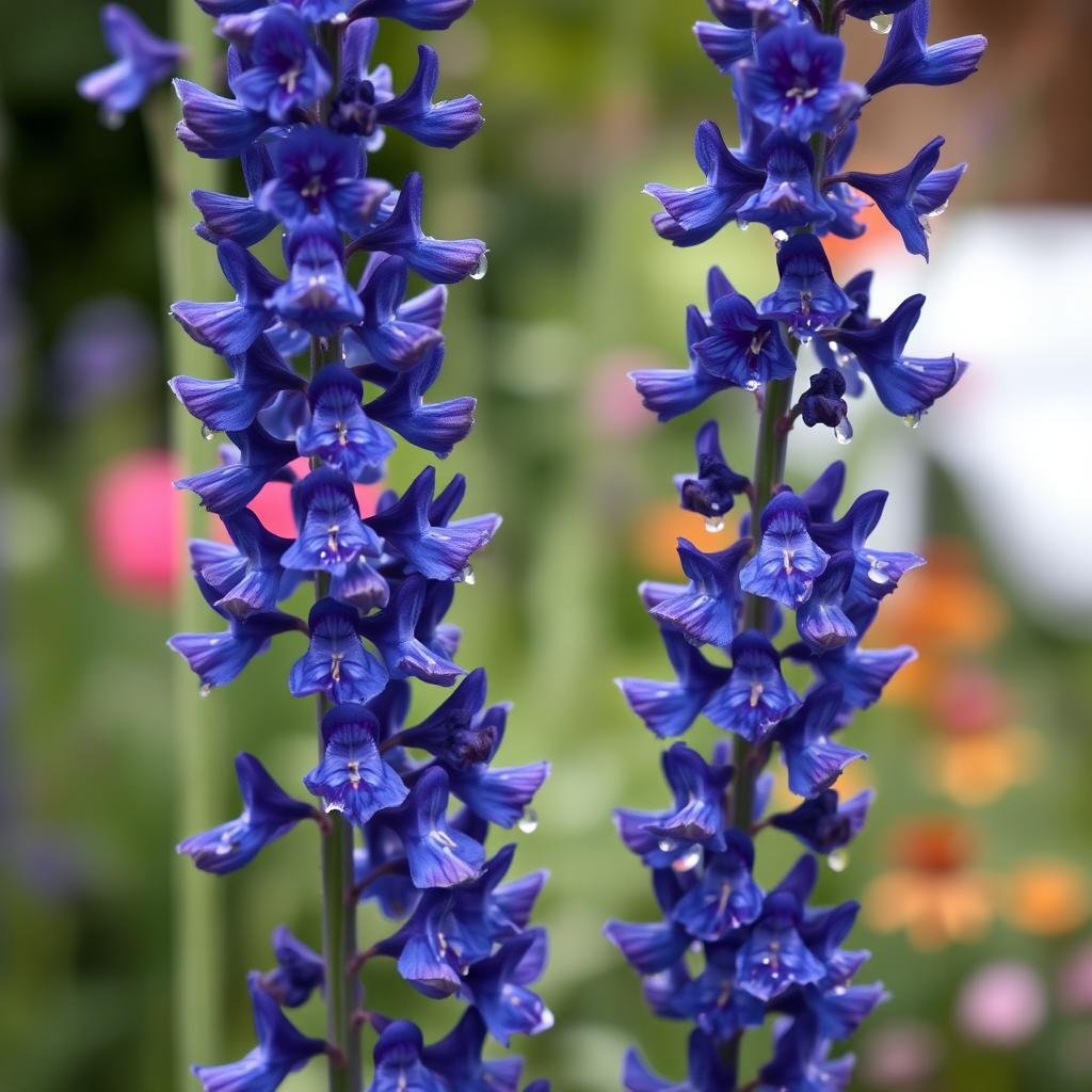 Close-up of delphinium flowers in a Vintage English Garden Close-up of delphinium flowers in a Vintage English Garden