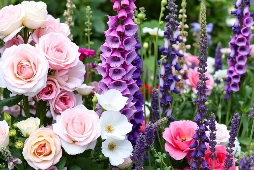 Collection of classic Vintage English Garden flowers including roses and hollyhocks Collection of classic Vintage English Garden flowers including roses and hollyhocks