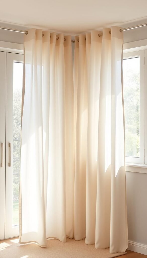 Elegant minimalist window treatments in a cozy, sun-drenched room. Simple, lightweight curtains in a soft, neutral fabric gently billowing in natural light, creating a serene, uncluttered ambiance. The curtains are hung from sleek, modern curtain rods that blend seamlessly into the wall. The window panes are large, allowing ample natural illumination to fill the space. The overall effect is one of refined sophistication and tranquility, lending an air of luxurious simplicity to the room.